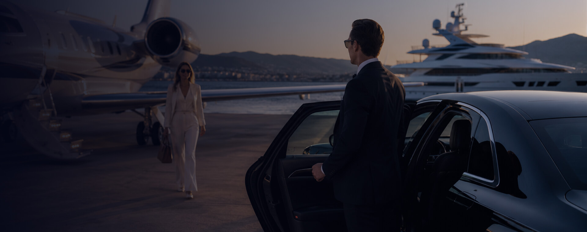 Private jet, chauffeur and yacht ready for a coordinated journey